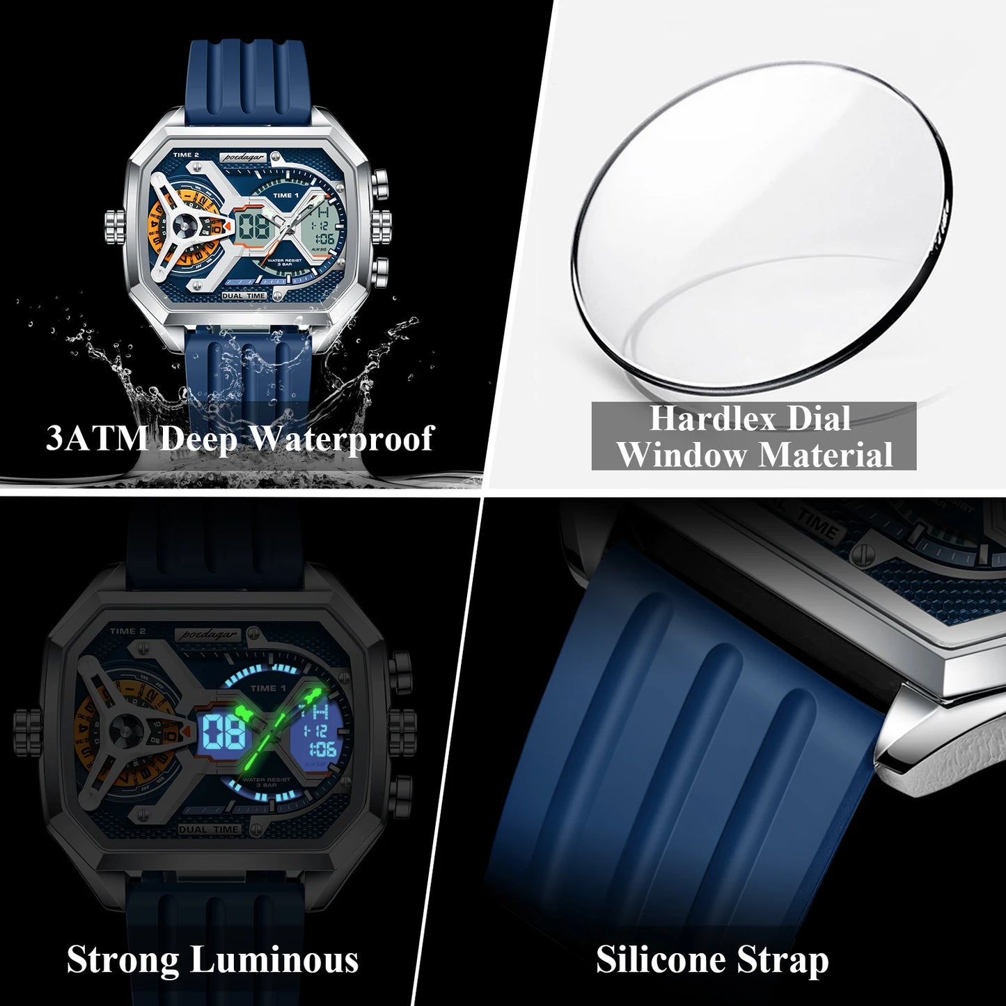 POEDAGAR Luxury Men Wristwatch Date Week Luminous LED Quartz Man Clock Silicone Strap Electronic Dual Time Fashion Men's Watches