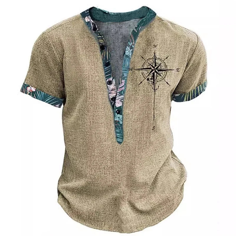 Summer 3D Printed Henry Short Sleeve Shirt Men's Fashion Street Clothing Button Short Sleeve Men's Top