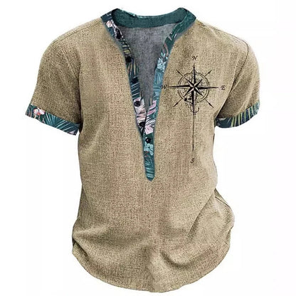 Summer 3D Printed Henry Short Sleeve Shirt Men's Fashion Street Clothing Button Short Sleeve Men's Top
