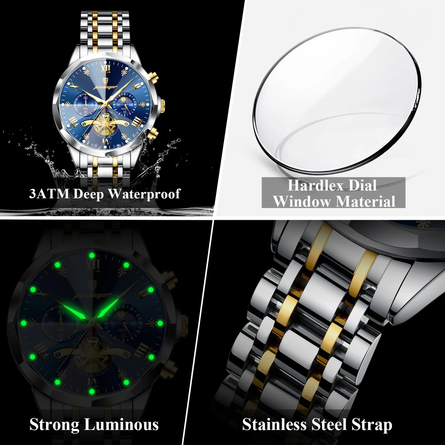 POEDAGAR Top Original Men Clock Waterproof Luminous Chronograph Man Wristwatch Stainless Steel Luxury Quartz Men's Watches Reloj
