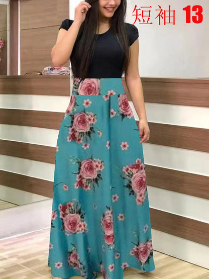2024 European and American style flower print color matching short sleeved dress for women's large swing skirt
