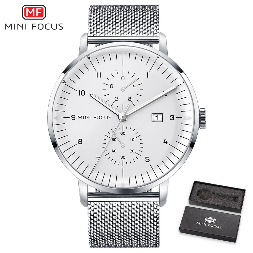MINI FOCUS Luxury Waterproof Mens Watches Calendar Window Silver Business Quartz Watch Stainless Steel Strap Luminous Hands 0052