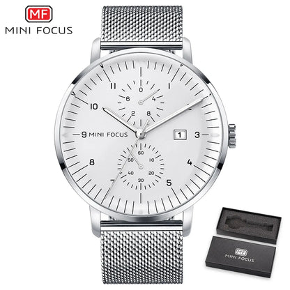 MINI FOCUS Luxury Waterproof Mens Watches Calendar Window Silver Business Quartz Watch Stainless Steel Strap Luminous Hands 0052