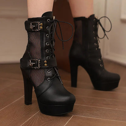2025 New Lace-up Mesh Summer Boots Women Sexy High Heels Platform Sandals Large Size Women's Custom Boots Female Shoes WSH5054