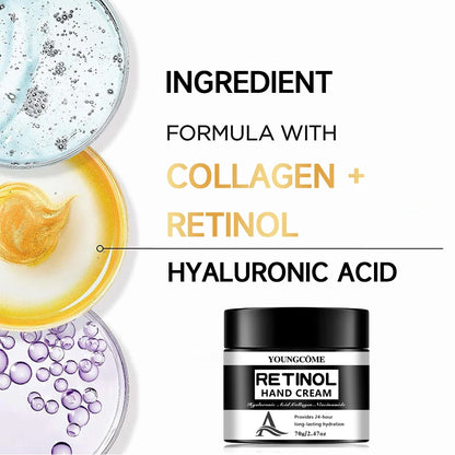 YOUNGCOME Retinol Hand Cream with Hyaluronic Acid & Collagen - 24-Hour Long-Lasting Hydrating Hand Moisturizer 40/70g