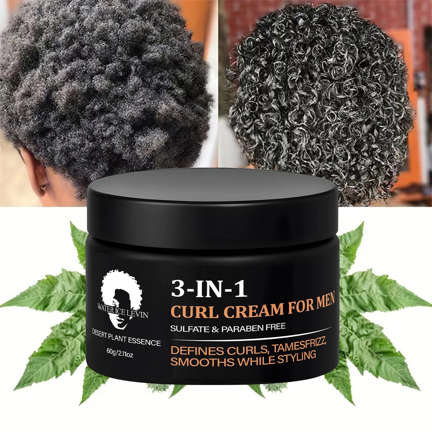 Men's 3-in-1 Curl Cream with Collagen & Coconut Oil - Defines Curls, Tames Frizz, Smooths Styling, Sulfate & Paraben Free 60g