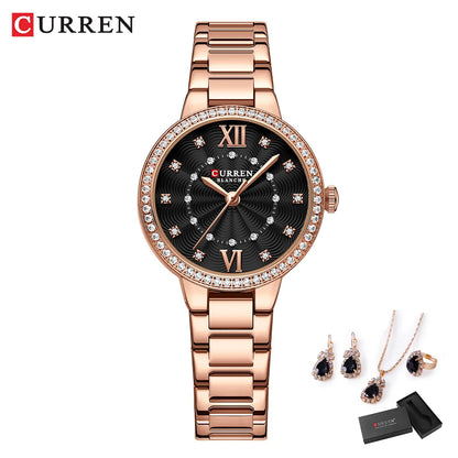 CURREN Luxury Watch Women Ring Necklace Earrings Rhinestone Fashion Wristwatch Female Casual Ladies Watches Bracelet 5PCS Set