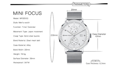 MINI FOCUS Luxury Waterproof Mens Watches Calendar Window Silver Business Quartz Watch Stainless Steel Strap Luminous Hands 0052