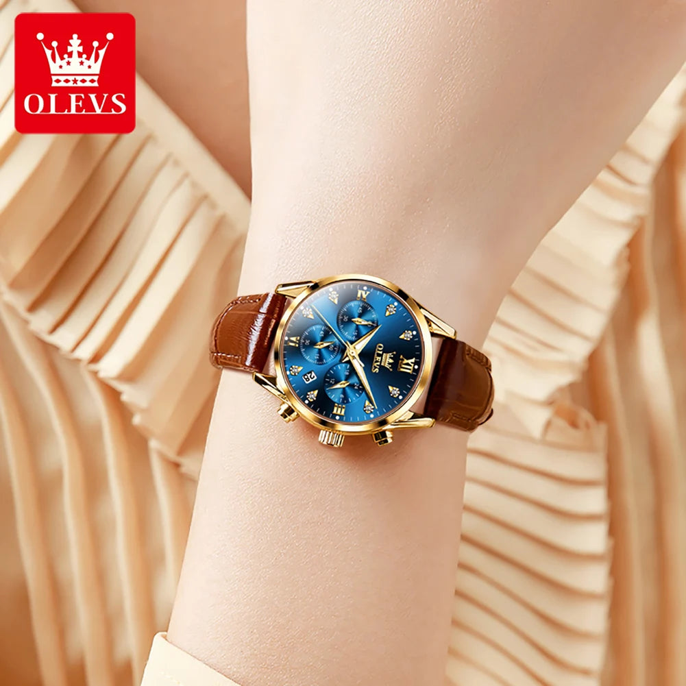 OLEVS Quartz Women's Watch Multifunctional Chronograph Waterproof Luminous Leather Strap Waterproof Luxury Elegant Ladies Watch