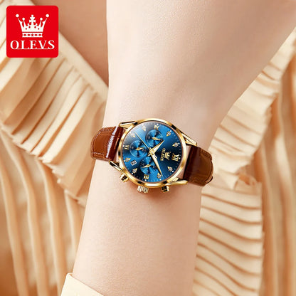 OLEVS Quartz Women's Watch Multifunctional Chronograph Waterproof Luminous Leather Strap Waterproof Luxury Elegant Ladies Watch