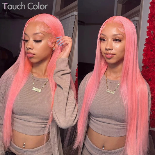 Bone Straight Pink 13x4 13x6 HD Transparent Lace Front Wigs Colored Pink Brazilian Hair Pre Plucked Human Hair Wigs For Women