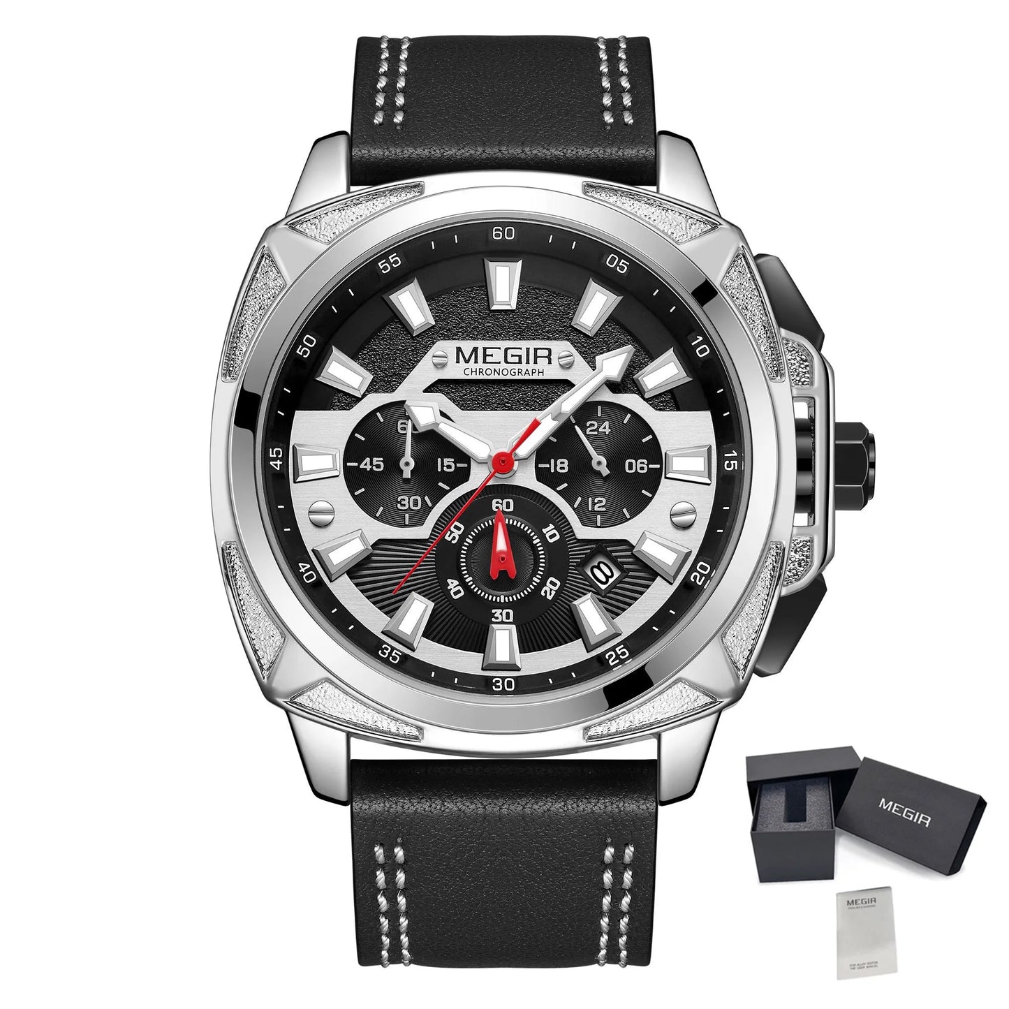 MEGIR Men Sport Watches 46MM Big Dial Chronograph Clock Luxury Quartz Casual Wristwatch Waterproof with Auto Date Relogio +Box