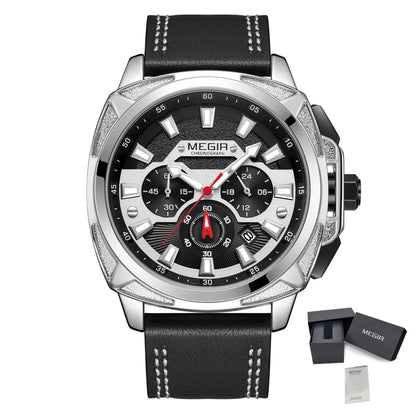 MEGIR Men Sport Watches 46MM Big Dial Chronograph Clock Luxury Quartz Casual Wristwatch Waterproof with Auto Date Relogio +Box