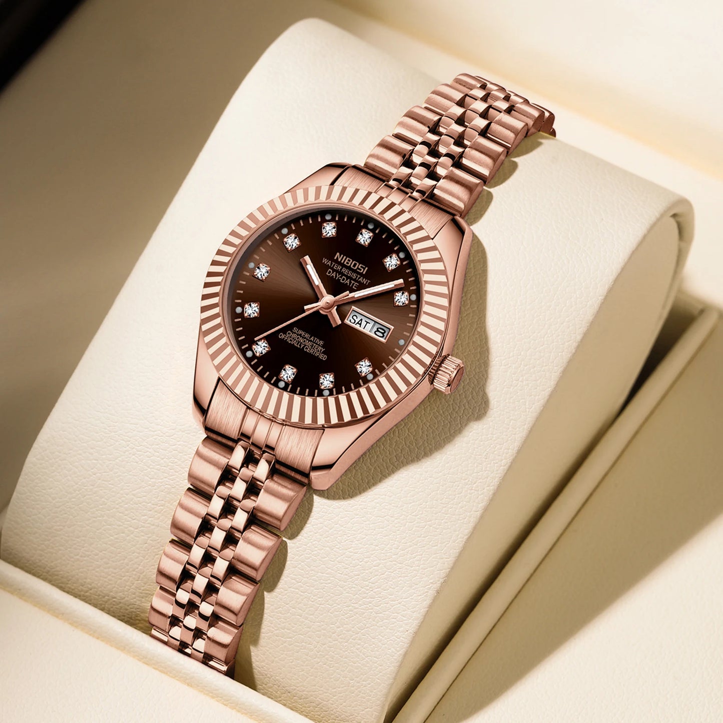 NIBOSI Fashion Women Watches Top Brand Luxury Diamond Ladies Quartz Watches Business Week Display Female Clock Wristwatch Reloj