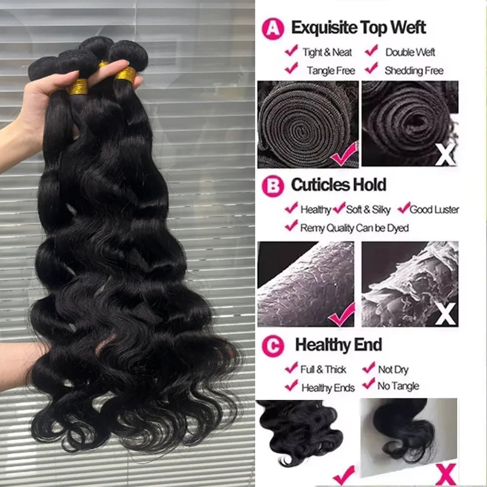 100% Human Hair Body Wave Bundles Human Hair With Closure Brazilian Natural Black 3/4 Bundle Virgin Hair Raw Hair Extensions