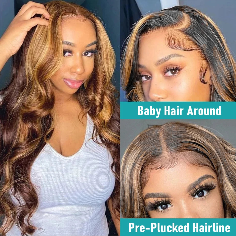 Highlight Body Wave Wig Human Hair Honey Blonde Lace Front Wigs For Women Brazilian HD Transparent Lace Frontal Wig Pre Plucked