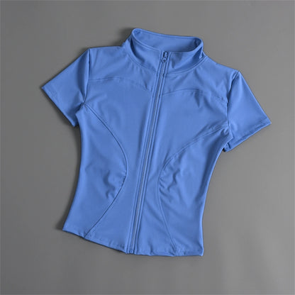 Casual Slim Sports Coat For Women Short Sleeve Solid Zipper Tops