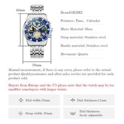 SKMEI Top Brand Luxury Full Steel Business Watches Mens 3Bar Waterproof Japan Quartz movement Calendar Wristwatches reloj hombre