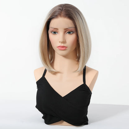 HENRY MARGU Gray To Light Blonde Bob Lace Front Wigs Short Straight Daily Synthetic Wig 13*6 Lace Frontal Wig for Women Party