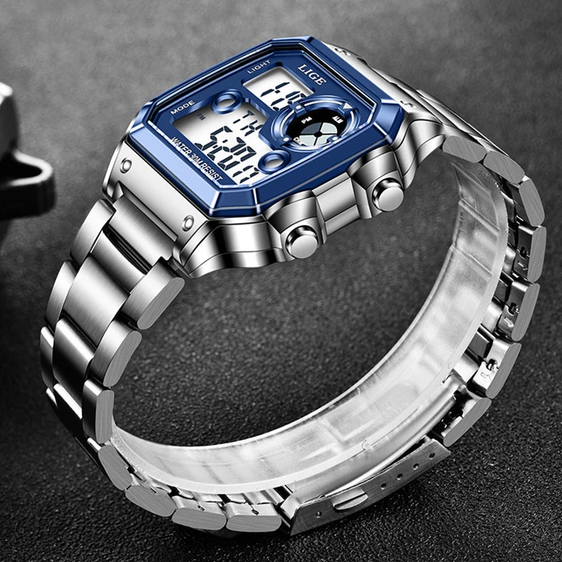 LIGE Fashion Casual Electronic Man Watch Sports Waterproof Luminous Alarm Stainless Steel Band Digital Men's Watches Chronograph