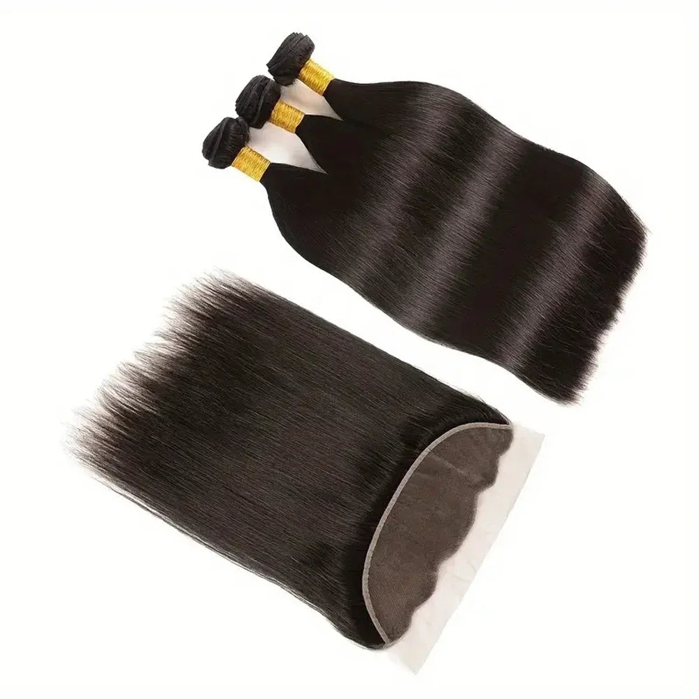 13x4 Transparent  Lace Frontal with Bundles Brazilian Virgin Human Hair With Lace Front Straight Hair Extension Natural Black
