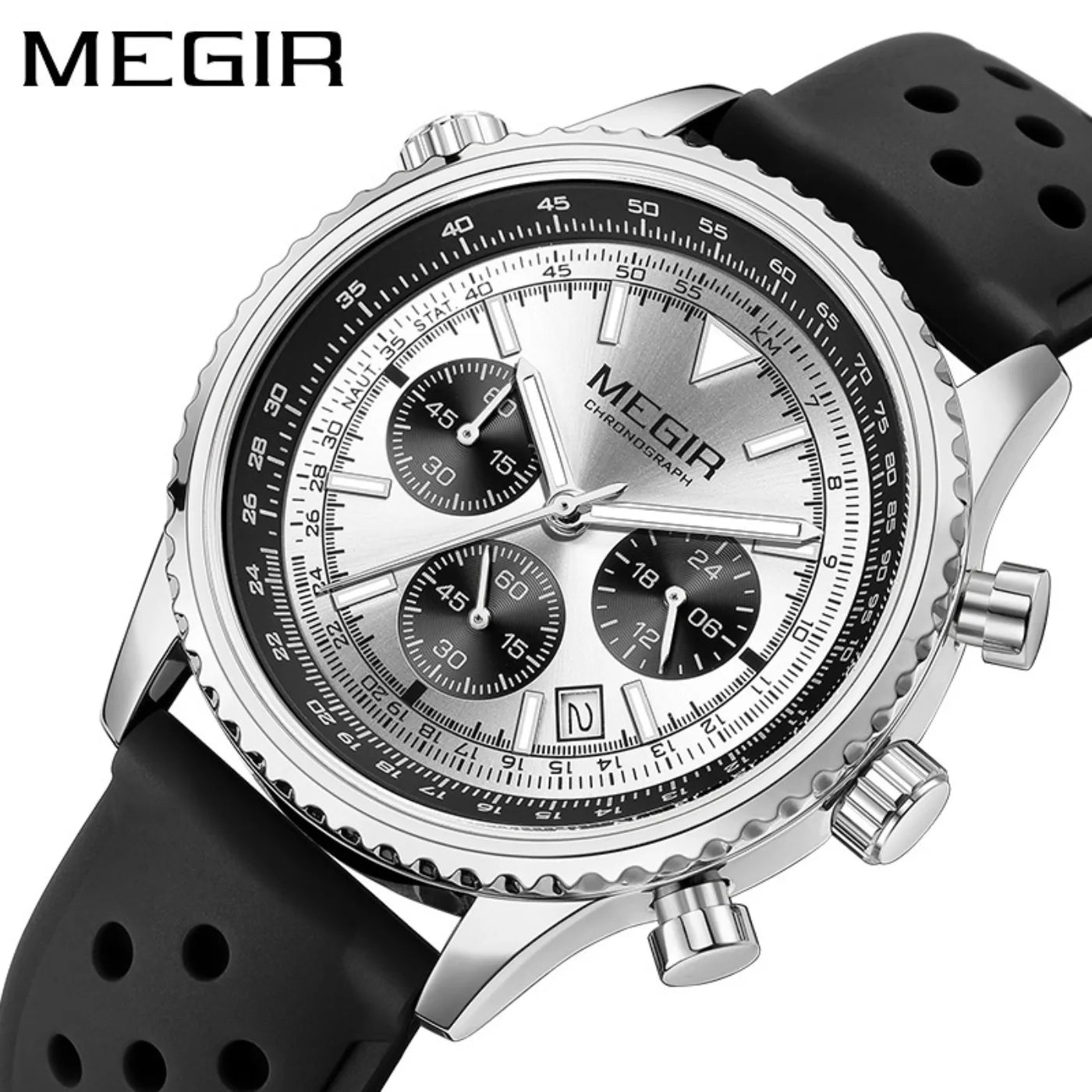 MEGIR Silver Black Quartz Watch Men Military Sport Chronograph Wristwatch with Silicone Strap Luminous Hands Auto Date 2236