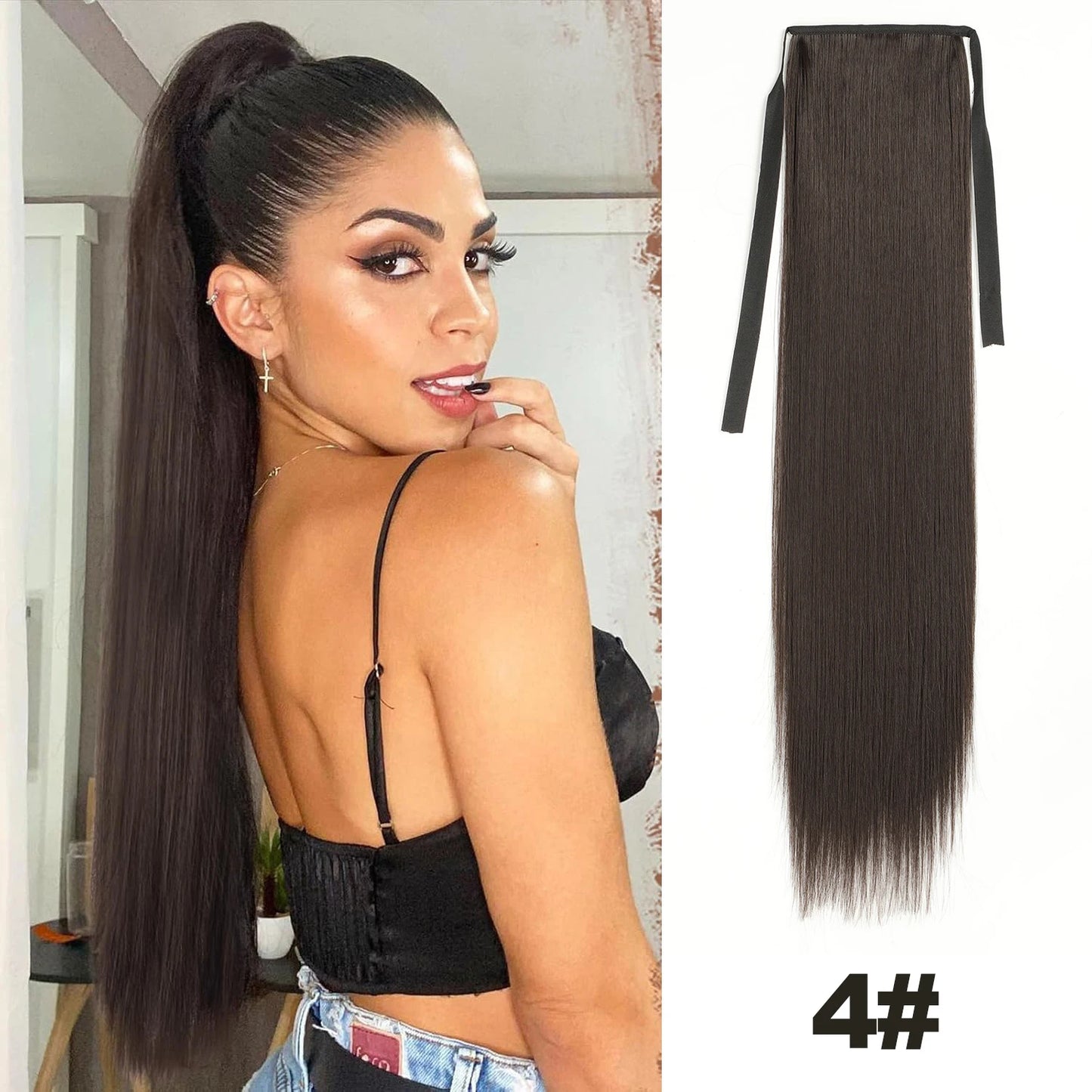 Straight Long Ponytail Extensions 22inch Natural Black Wrap Around Synthetic Hair Piece Pony Tail Hair Hairpieces for Women Girl