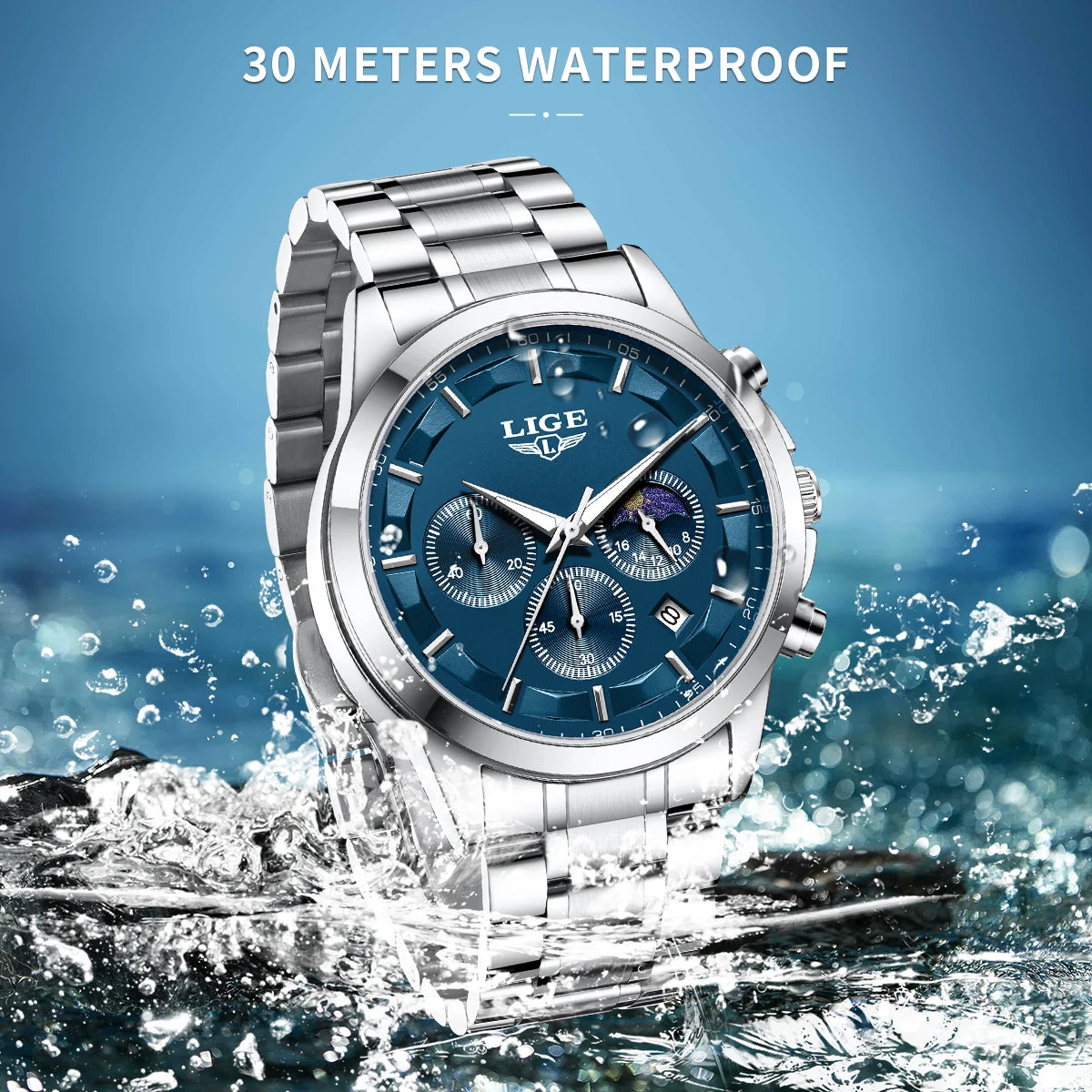 LIGE Luxury Fashion Quartz Man Watch Classic Business Auto Date Gentlemen Steel Band Moon Phase Waterproof Watches for Men Male