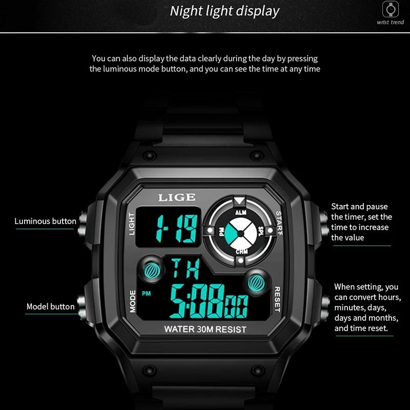 LIGE Fashion Casual Electronic Man Watch Sports Waterproof Luminous Alarm Stainless Steel Band Digital Men's Watches Chronograph
