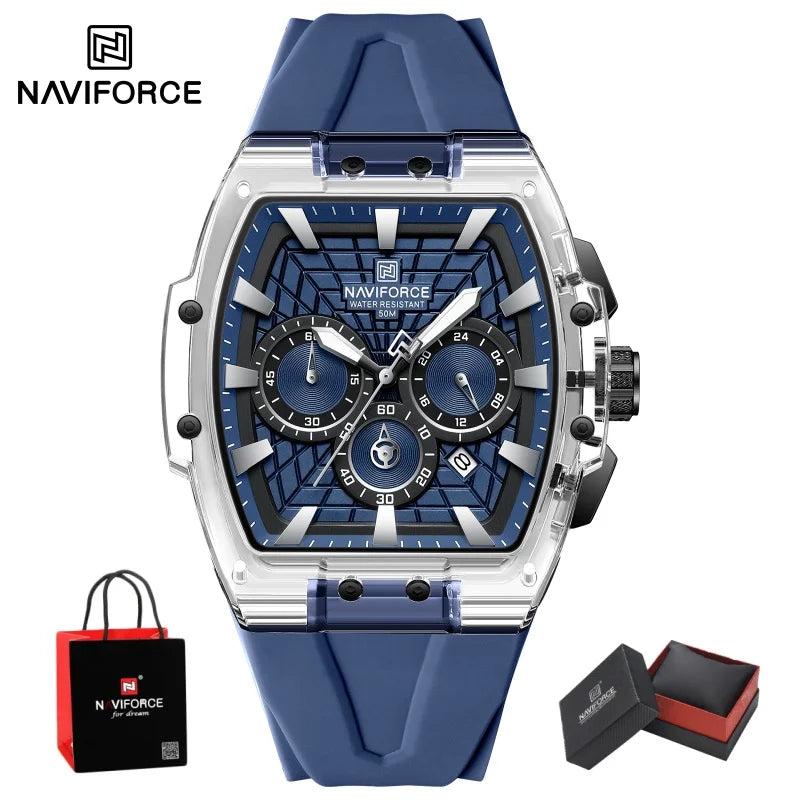 NAVIFORCE Mens Sport Watches 5ATM Waterproof Chronograph Tonneau Silicone Strap Luminous Casual Quartz Male Wristwatch Gifts box