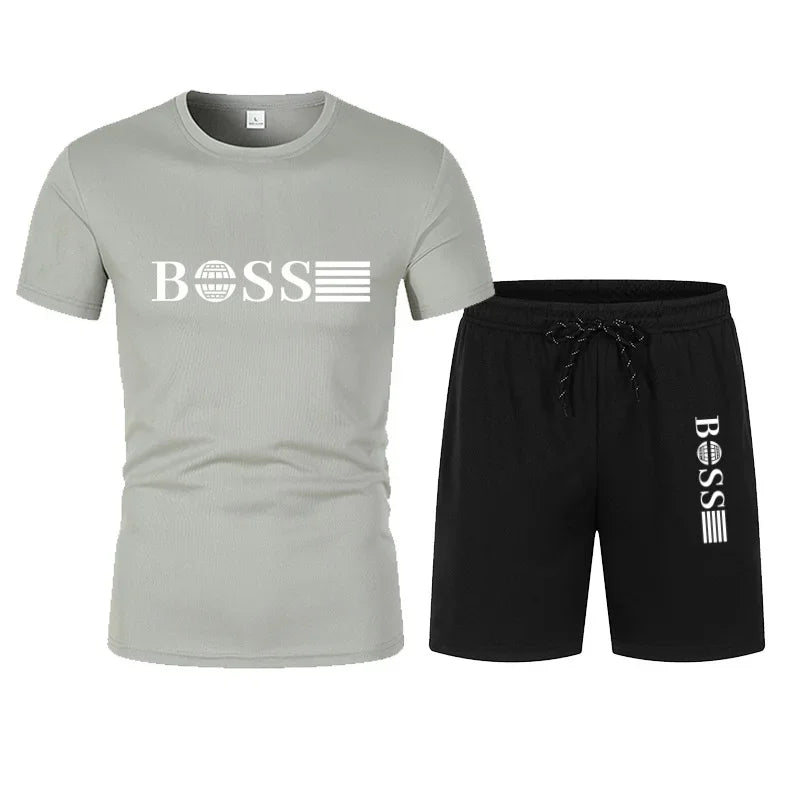 Summer new men's mesh two-piece running T-shirt and short casual elastic round-neck sports suit, comfortable and quick-drying