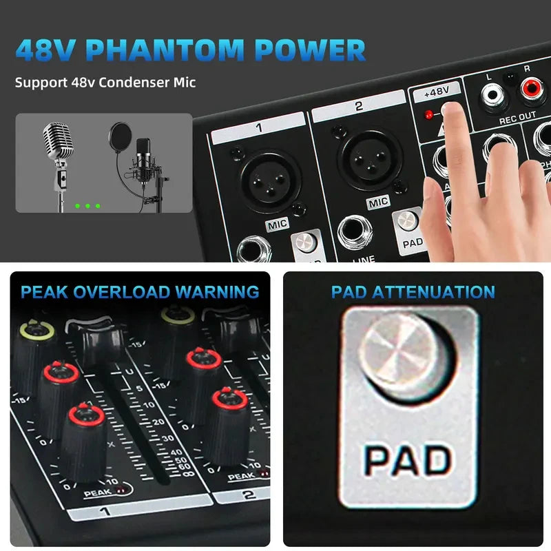 Fuluode M206/M208 Audio mixer 99 Preset DSP Effects 7-Band EQ Adjustment on Main Output Bluetooth USB MONO Input Connectivity