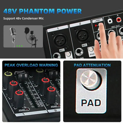 Fuluode M206/M208 Audio mixer 99 Preset DSP Effects 7-Band EQ Adjustment on Main Output Bluetooth USB MONO Input Connectivity