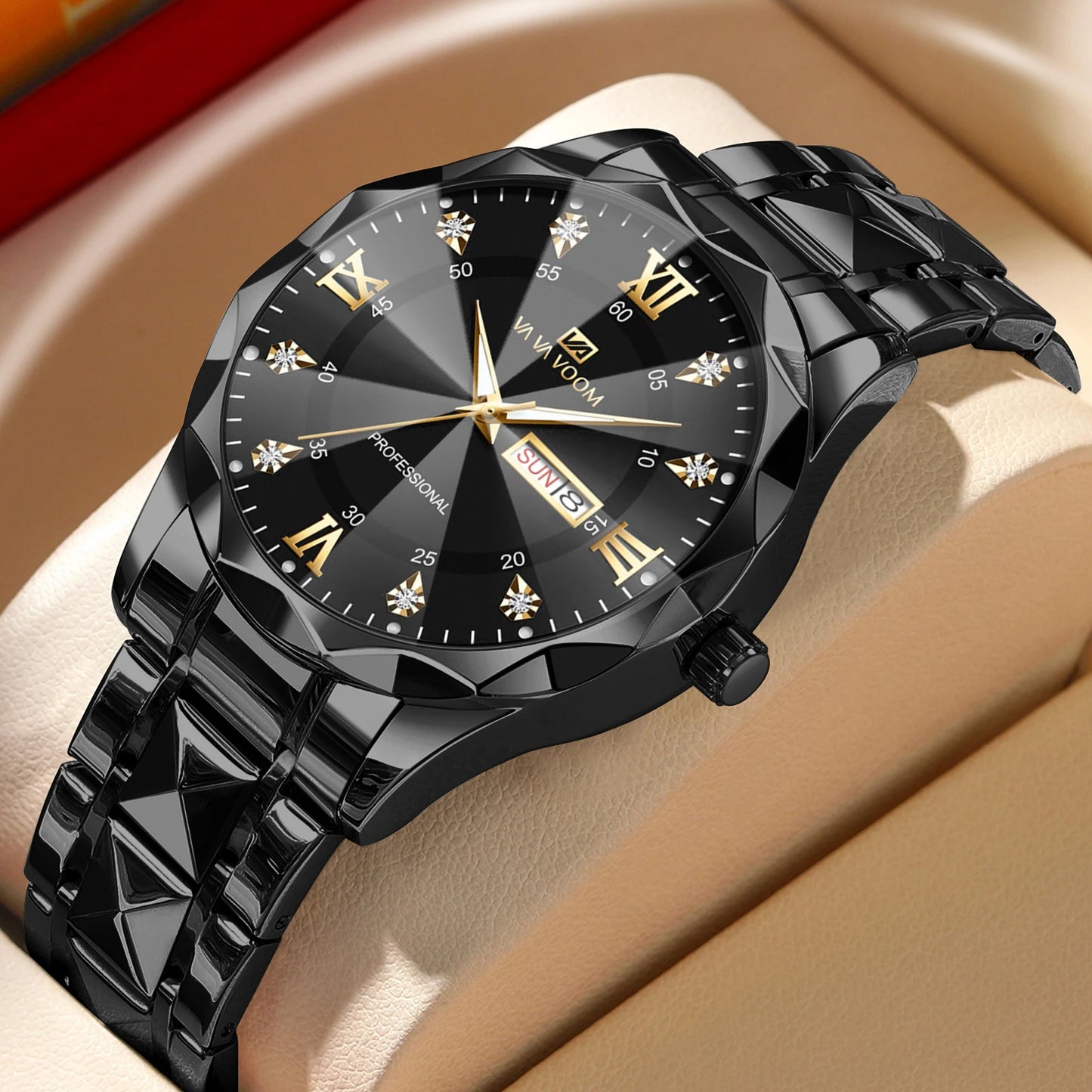 VA VA VOOM Hot Selling Original Blue Gold Quartz Watch Men Fashion High Quality Japanese Movement Gold Stainless Steel Fashion Clock Sports Gift Watch Men Rhombus Design Business Quartz Watch Men Fashion Gold Clock Sports Gift Watch for Men
