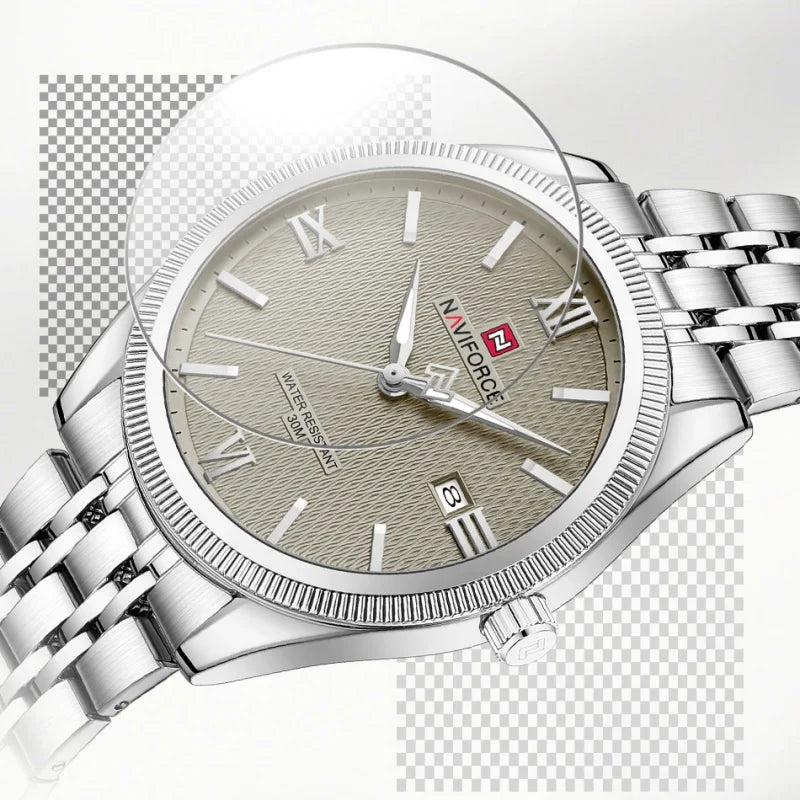 NAVIFORCE Men Elegant Business Stainless Steel Watch 30M Waterproof Luminous Hands Japan Movement Wristwatch Gifts box