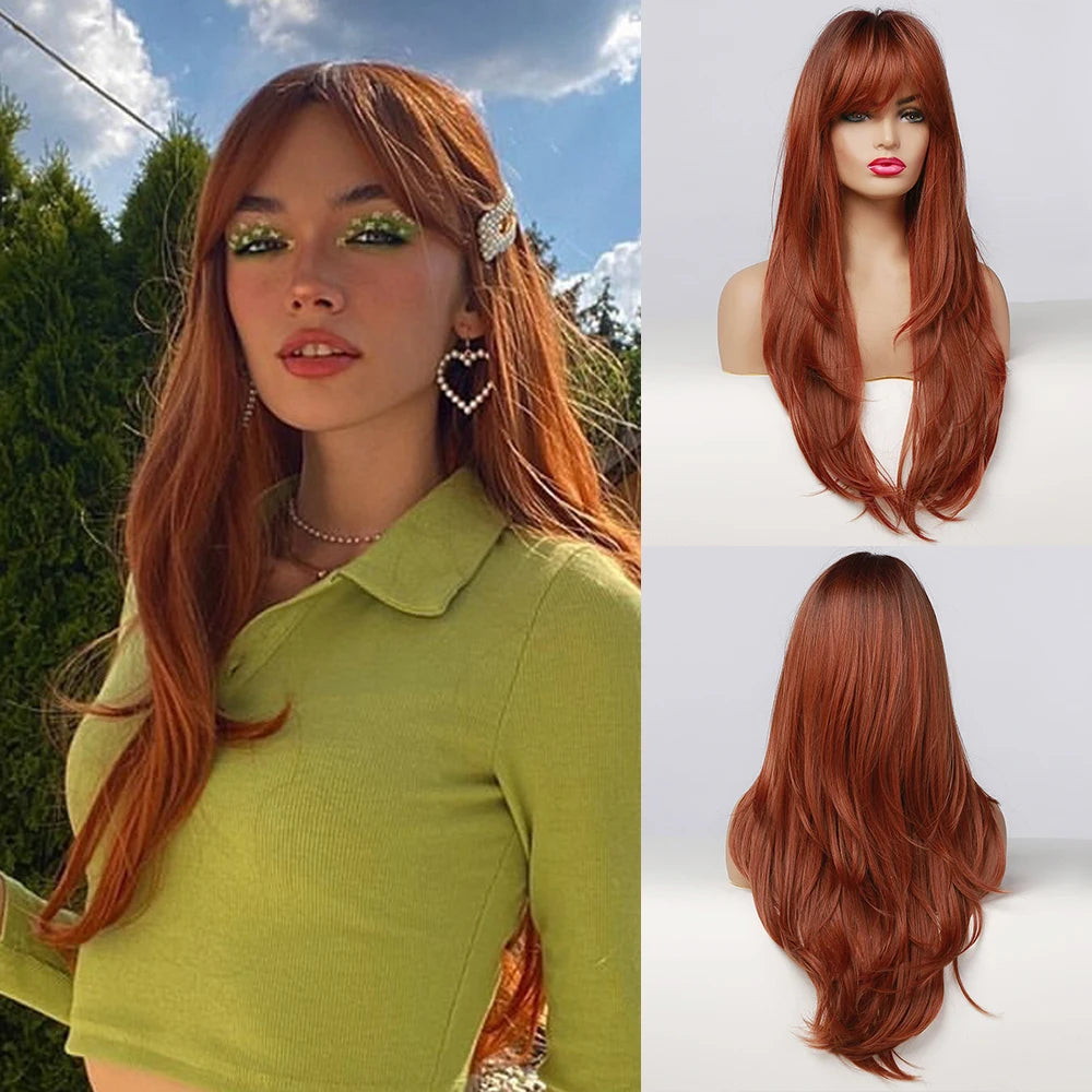 LOUIS FERRE Long Wavy Ombre Brown Wig with Bangs Synthetic Hair Wig Heat Resistant Daily Wear Office Party Cosplay Halloween