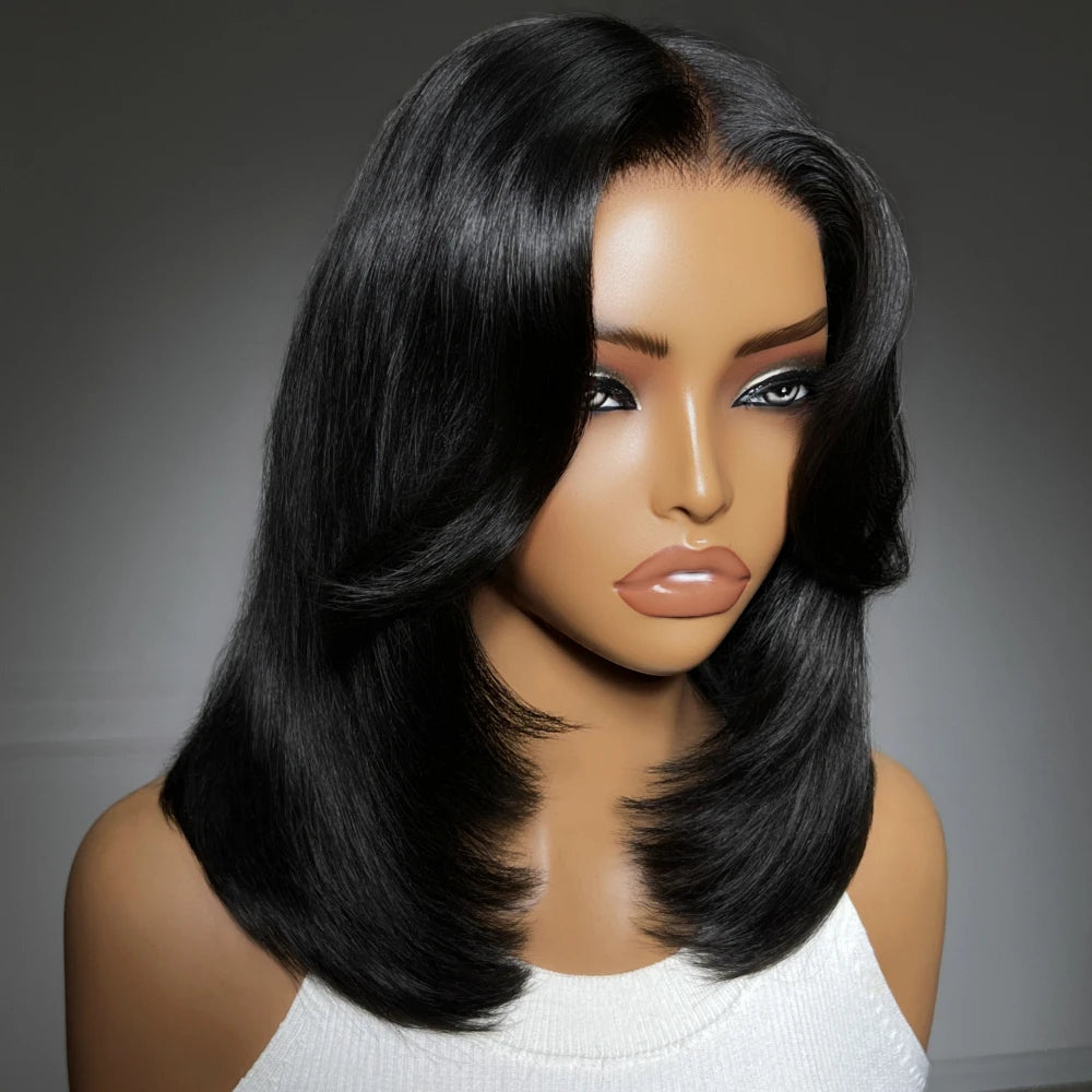 UNice Layered Cut Straight Bob Wig With Curtain Bang No-Slip 7x5 Lace Pre Cut Pre Bleached Glueless Wig Human Hair Ready To Wear