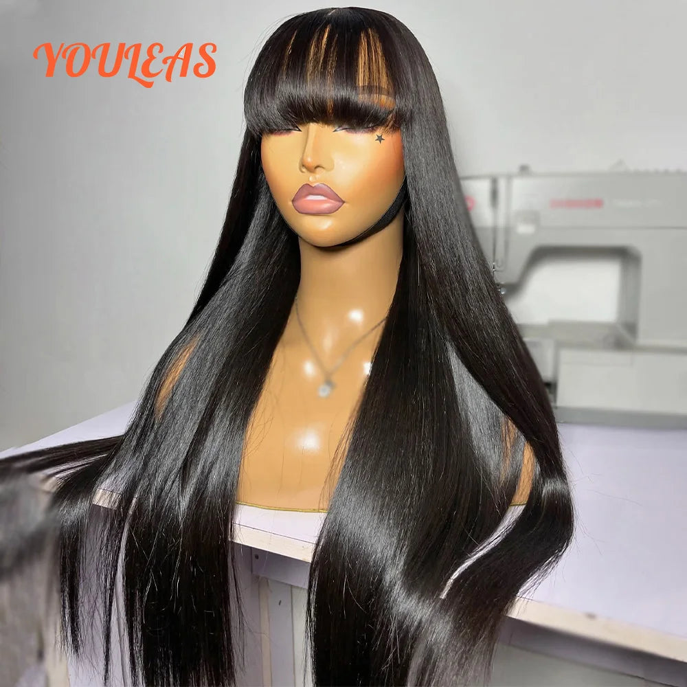Bone Straight With Bangs 100% Human Hair Wig 360 Precut Transparent Lace Front Hair Wig Virgin Hair For Woman For Clearance