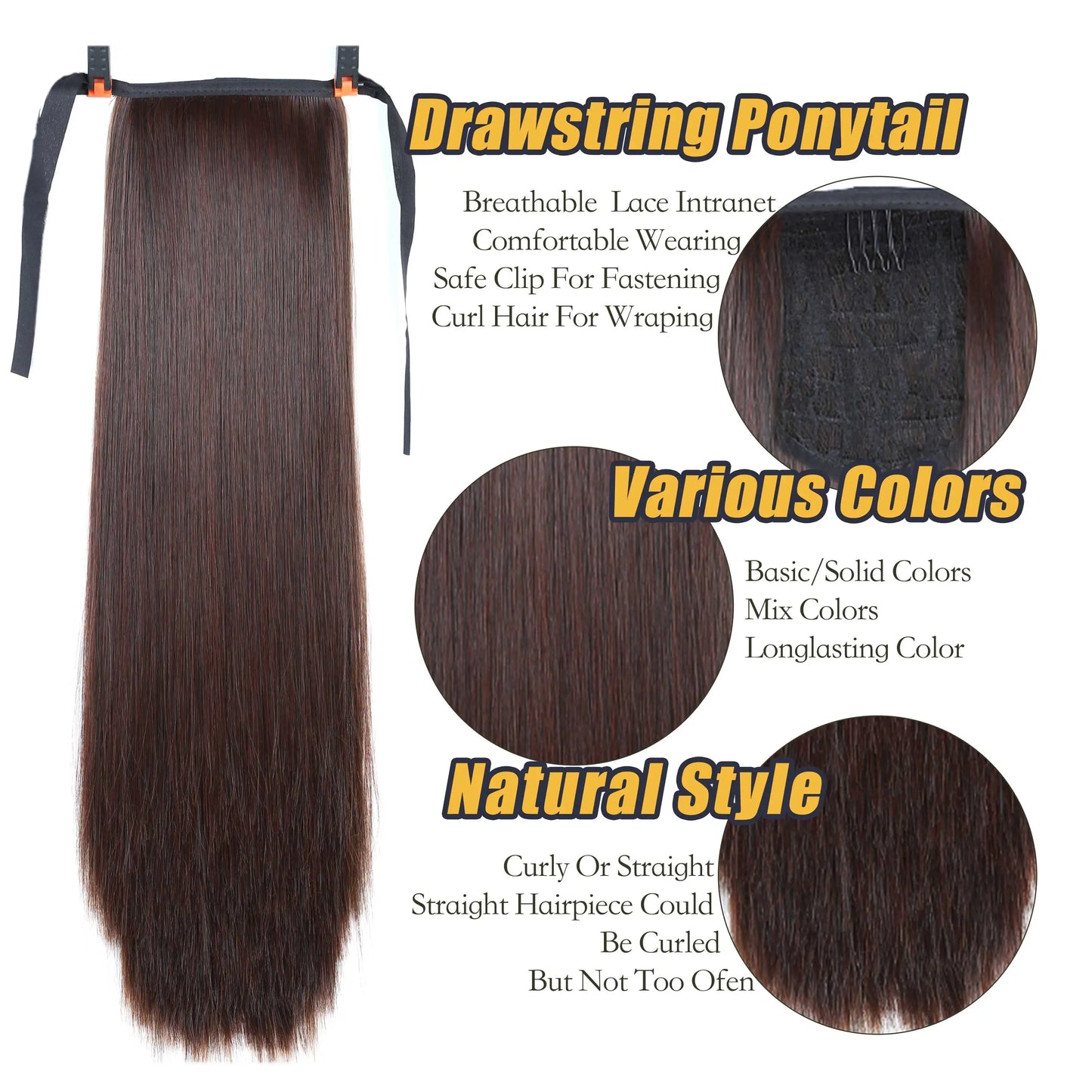 Straight Long Ponytail Extensions 22inch Natural Black Wrap Around Synthetic Hair Piece Pony Tail Hair Hairpieces for Women Girl