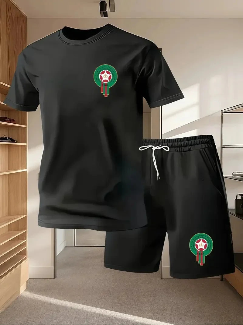 Youth Men's Fashionable Casual Sports Two-Piece Set Print Summer Short-Sleeved T-Shirt And Shorts Ensemble