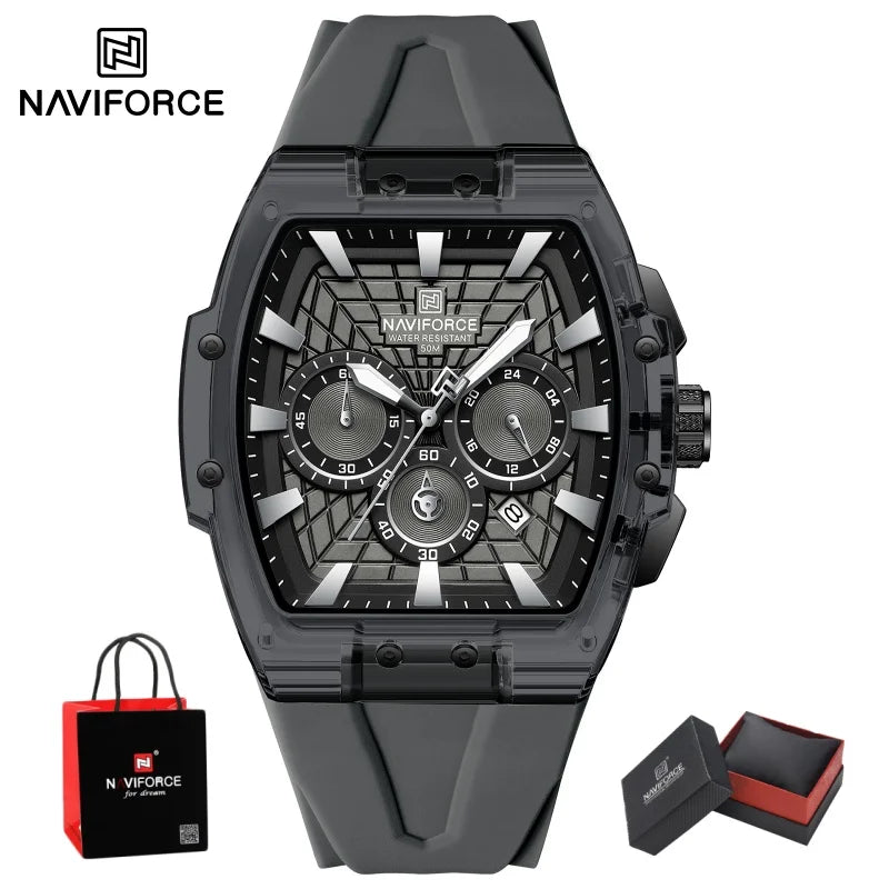 NAVIFORCE Mens Sport Watches 5ATM Waterproof Chronograph Tonneau Silicone Strap Luminous Casual Quartz Male Wristwatch Gifts box
