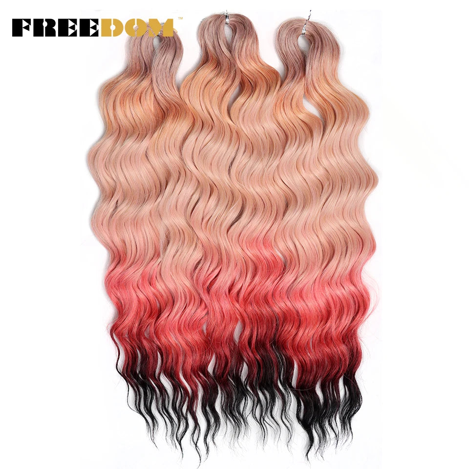 FREEDOM Synthetic Curly Braiding Hair Extensions 24 Inch/60 cm Long Deep Wavy Twist Crochet Braids Hair Ombre Brown Rainbow Hair