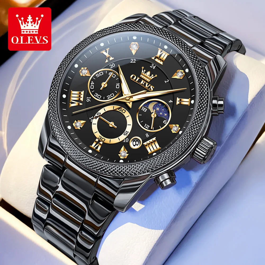 OLEVS Original Fashion Men's Watches Trendy 30m Waterproof Date Quartz Watch for Man luminous box moon phase Brand wristwatch
