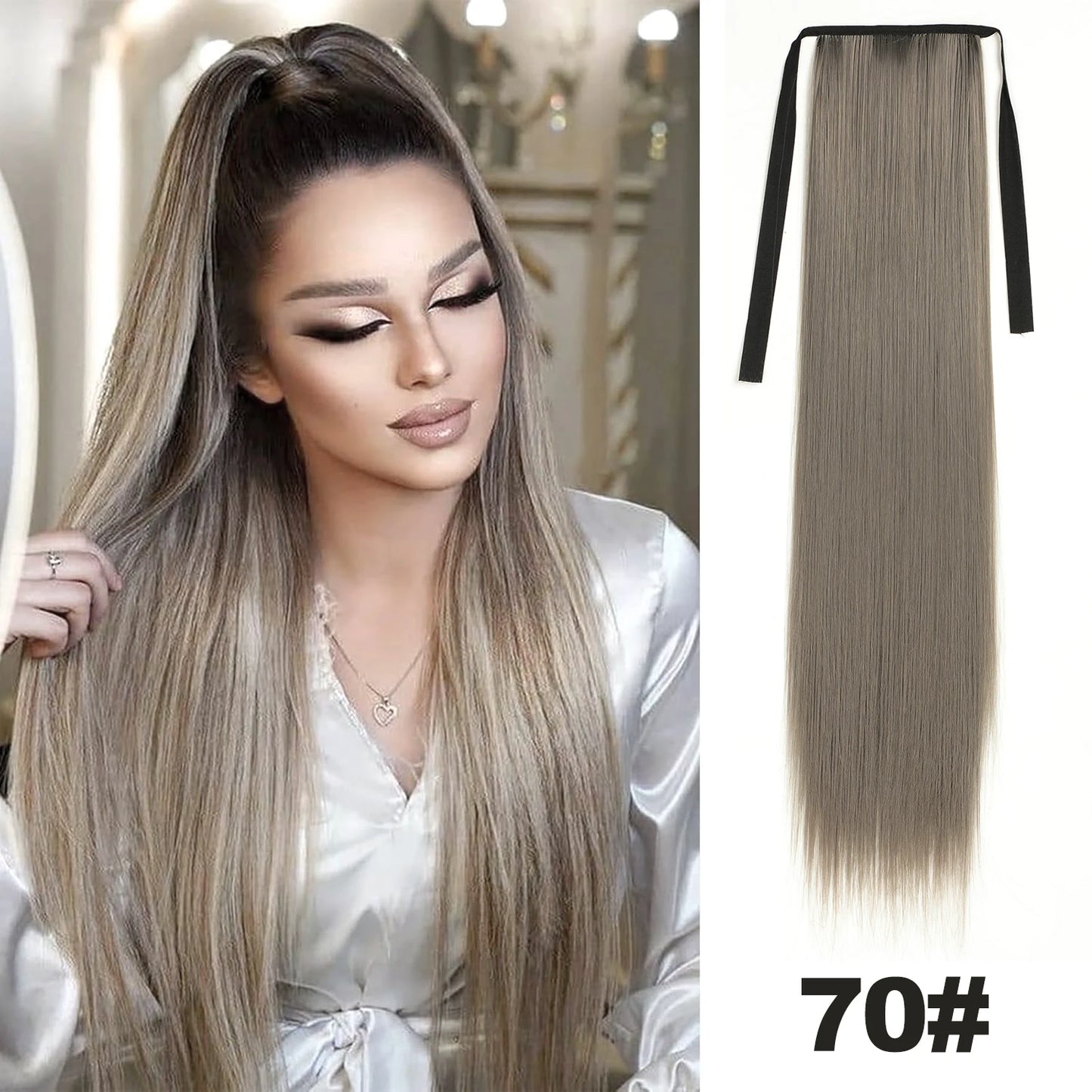 Straight Long Ponytail Extensions 22inch Natural Black Wrap Around Synthetic Hair Piece Pony Tail Hair Hairpieces for Women Girl