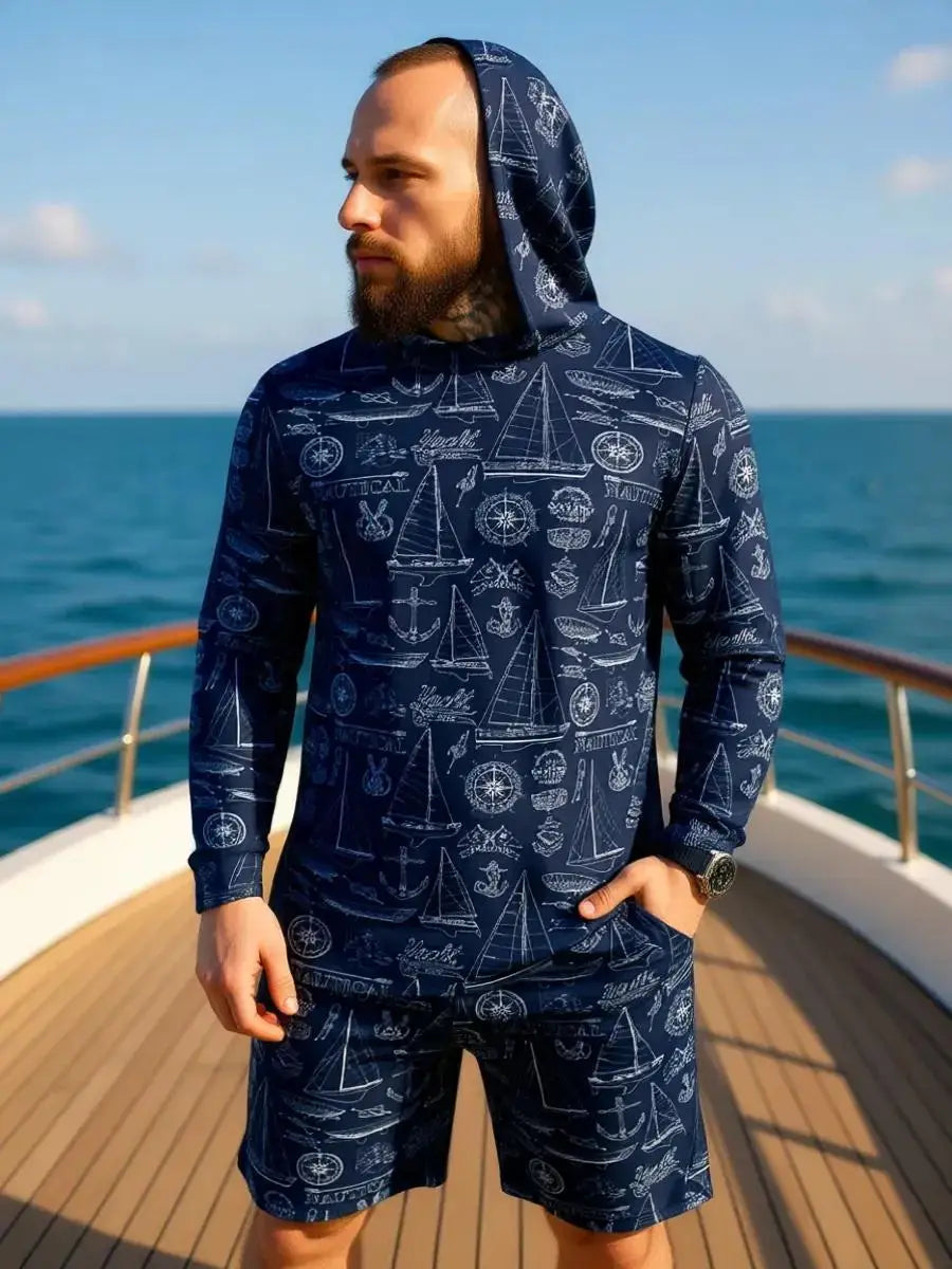 2026 New Camouflage Print Unisex Hooded Two Piece Set Long Sleeve Shirt Shorts Breathable Loose Summer Beach Streetwear Casual W
