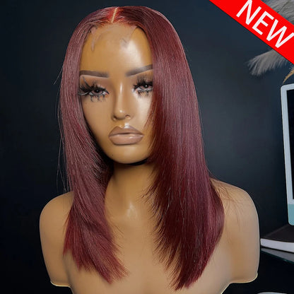 #99J Burgundy Layered straight Glueless Wig 14 Inch 13x6 HD Transparent Lace Frontal Wig 400 Density Human Hair Wigs Pre Plucked