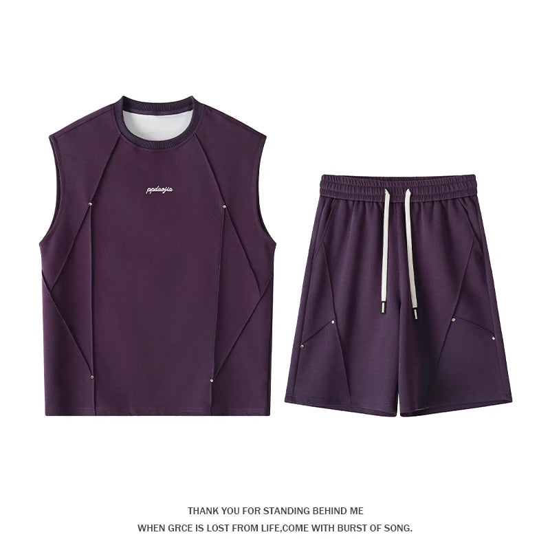 For Men's Splicing Summer Simple Breathable Round Neck Vest Shorts Five-point Pants Set Casual Rivet Decorative Sports Vest Top