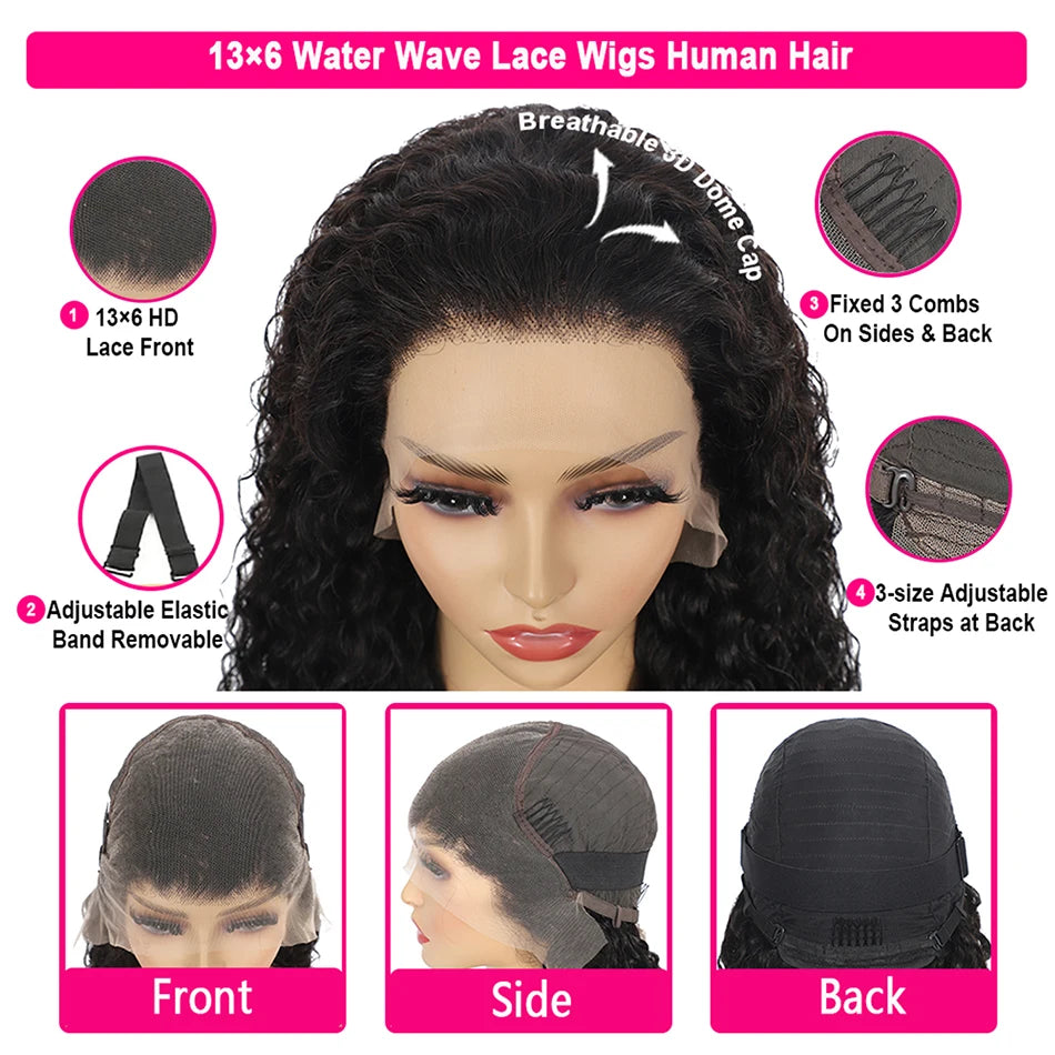 100% Brazilian Human Hair 13x6 Water Wave HD Lace Front Wig 180% Density Glueless Pre Plucked Deep Curly 5x5 HD Lace Closure Wig