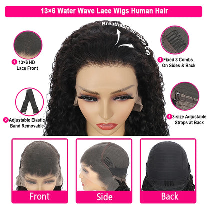 100% Brazilian Human Hair 13x6 Water Wave HD Lace Front Wig 180% Density Glueless Pre Plucked Deep Curly 5x5 HD Lace Closure Wig