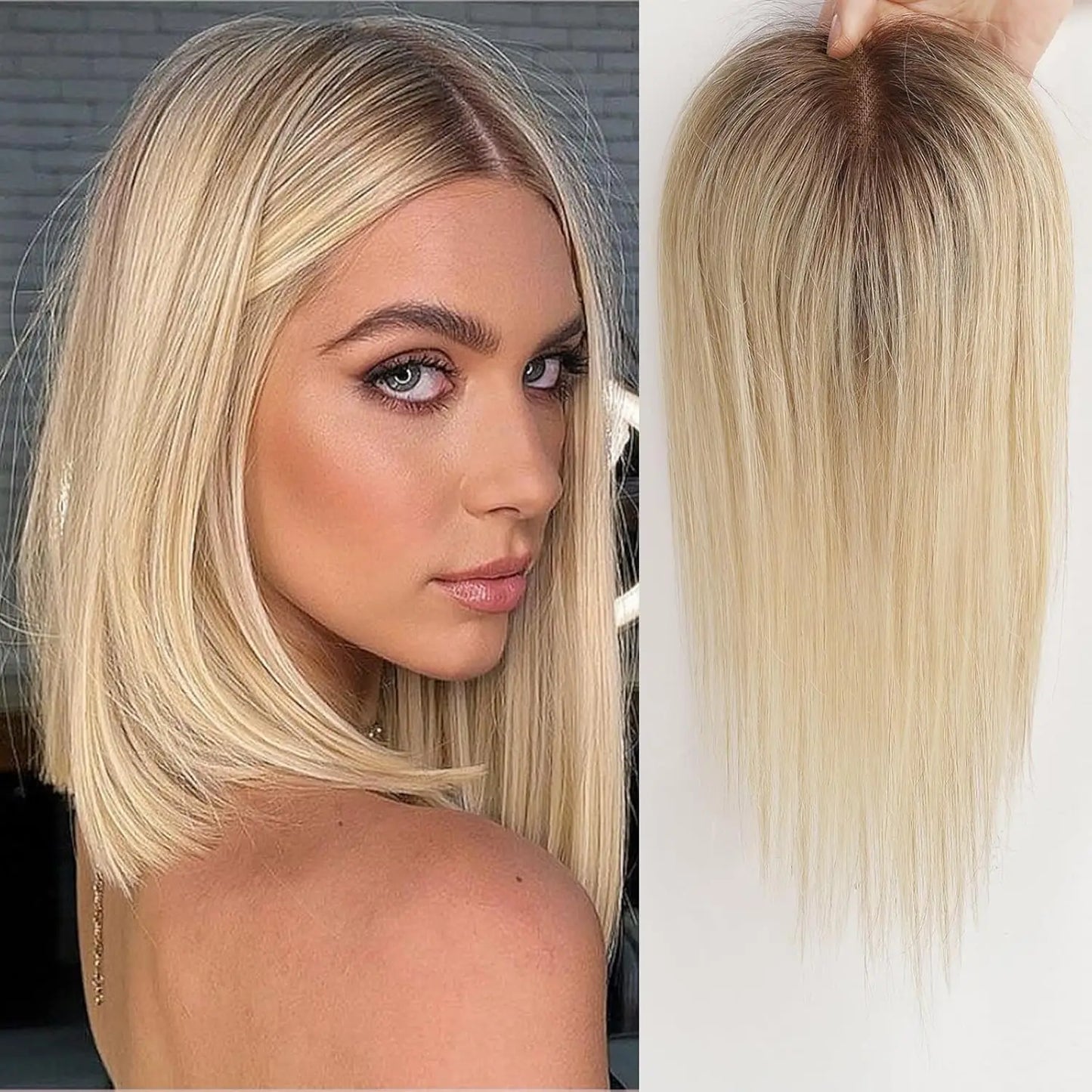 Brown Mixed Blonde Human Hair Toppers Middle Part 100% Remy Human Hair Straight Lace Base Clip in Hairpieces for Women Loss Hair